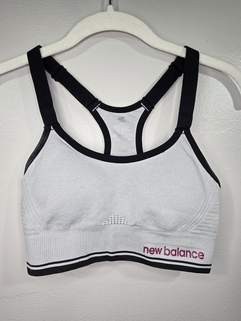 New Balance Light Grey Sports Bra with Black Trim and Pink Logo - Small